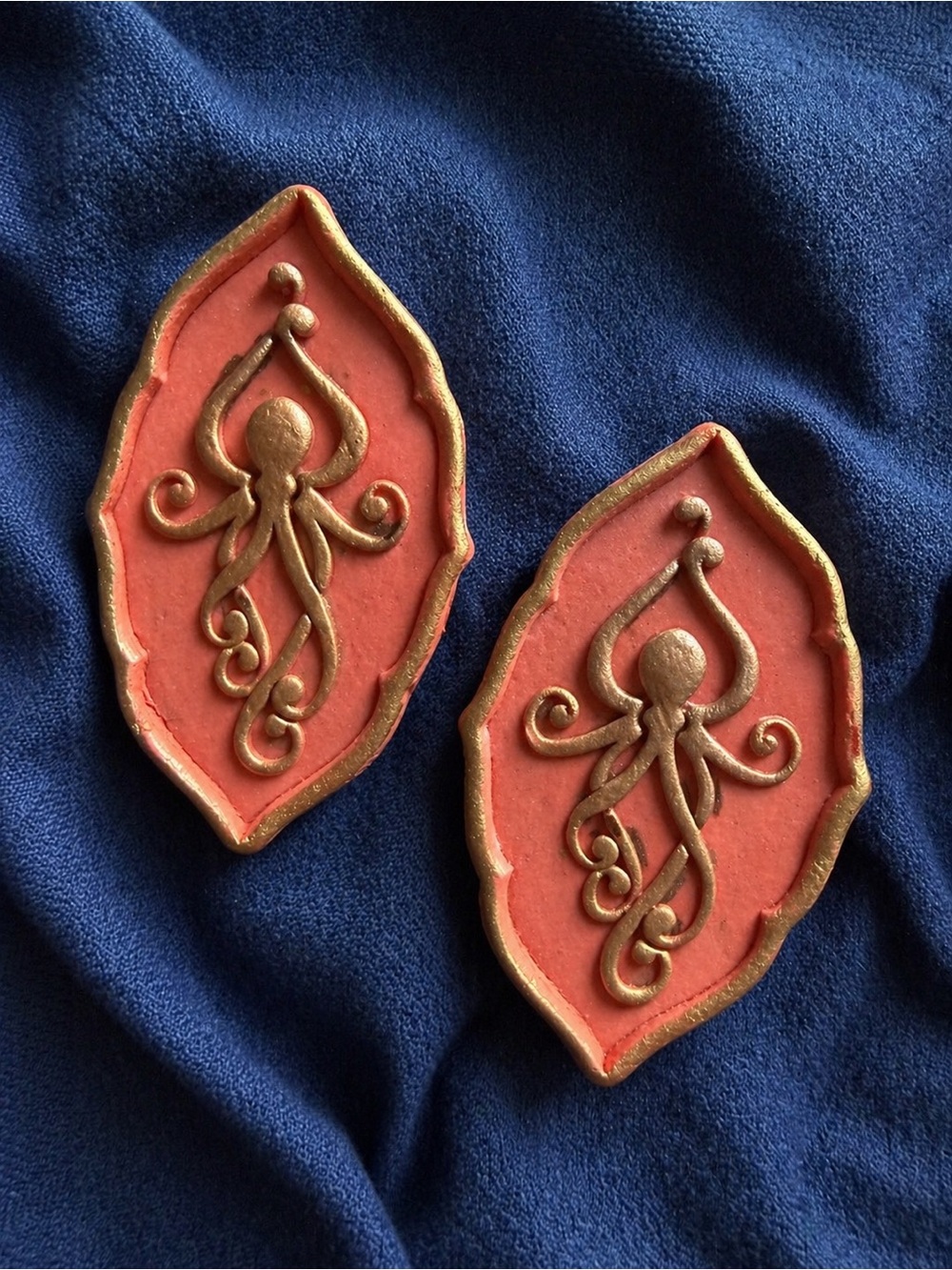 Coral and Gold Octopus Motif Handmade Polymer Clay Earrings